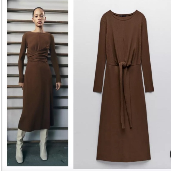 Zara Dresses & Skirts - ZARA LONG KNIT MIDI BELTED WRAP DRESS CHOCOLATE BROWN
